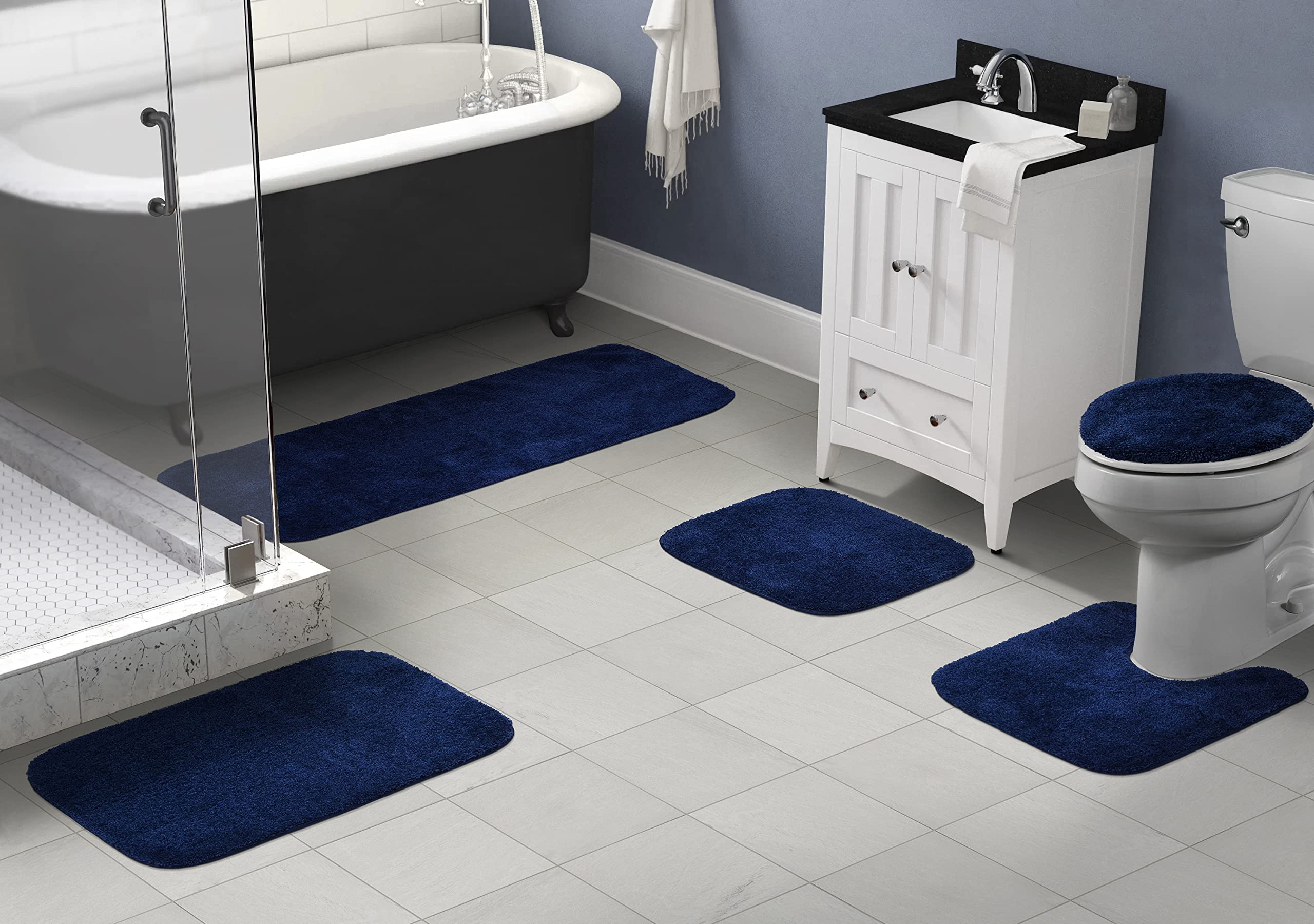 Garland Rug Traditional Nylon Washable Navy 5-Piece Bathroom Rug Set - Soft, Absorbent & Stylish Non-Slip Mats with Lid & Contour - Perfect for Bathroom, Shower & Vanity Areas