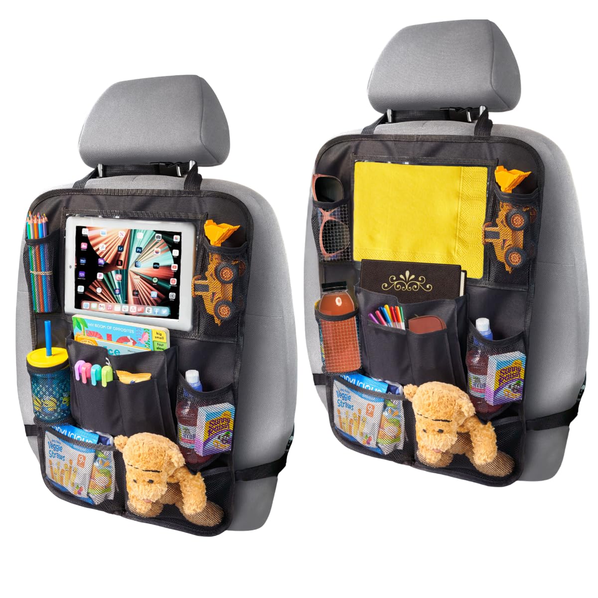 Backseat Car Organizer with Tablet Holder - 9 Storage Pockets & 4 Headrest Hooks - Kick Mat Back Seat Protector for Kids & Baby - Travel Accessories (2-Pack, Black) - Perfect for Road Trips & Family Travel