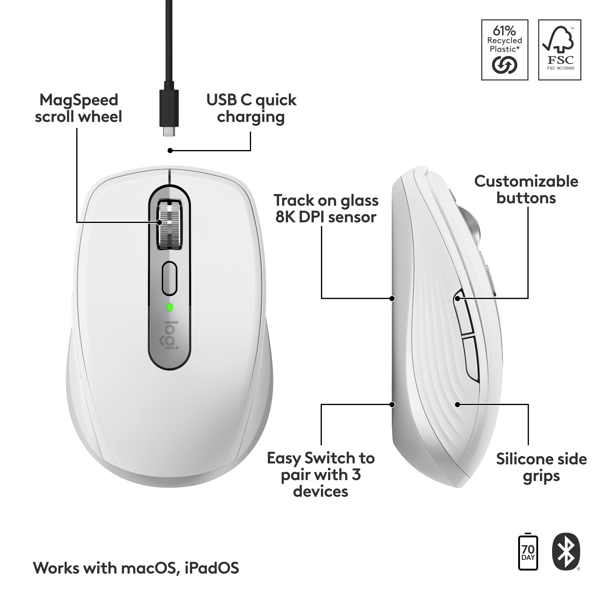 Logitech MX Anywhere 3S Wireless Bluetooth Mouse for Mac - 8K DPI Precision, Silent Clicks, USB-C Charging, Multi-Device Connectivity | Compatible with MacBook Pro, MacBook Air, iMac, iPad | Perfect for Office, Travel & Creative Work - Pale Grey