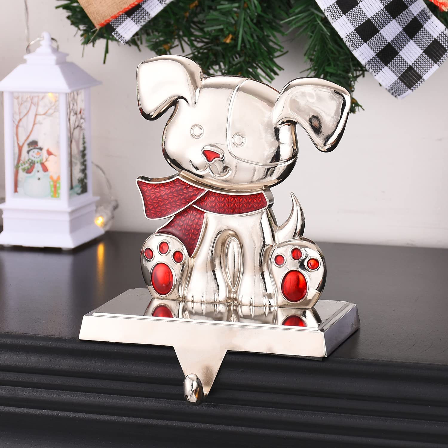 Silver Christmas Dog Stocking Holders for Fireplace Mantel - Decorative Dog Stocking Hangers with Clips for Holiday Decor, Garland & Stockings - Perfect Pet Lover Gift for Xmas Tree & Home Decor (New Dog Design)