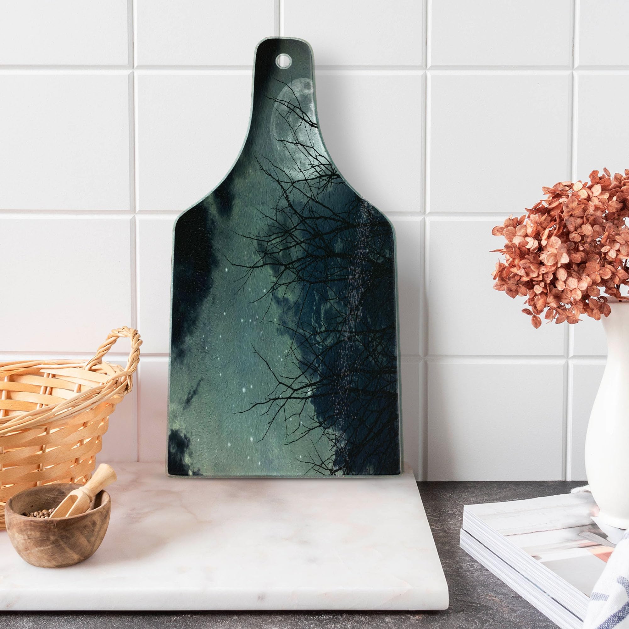 Lunarable Night Sky Tempered Glass Cutting Board - Black & White Wine Bottle Shape with Desert Moon & Stars Design - Decorative Serving Board for Kitchen, Dining & Wine Parties