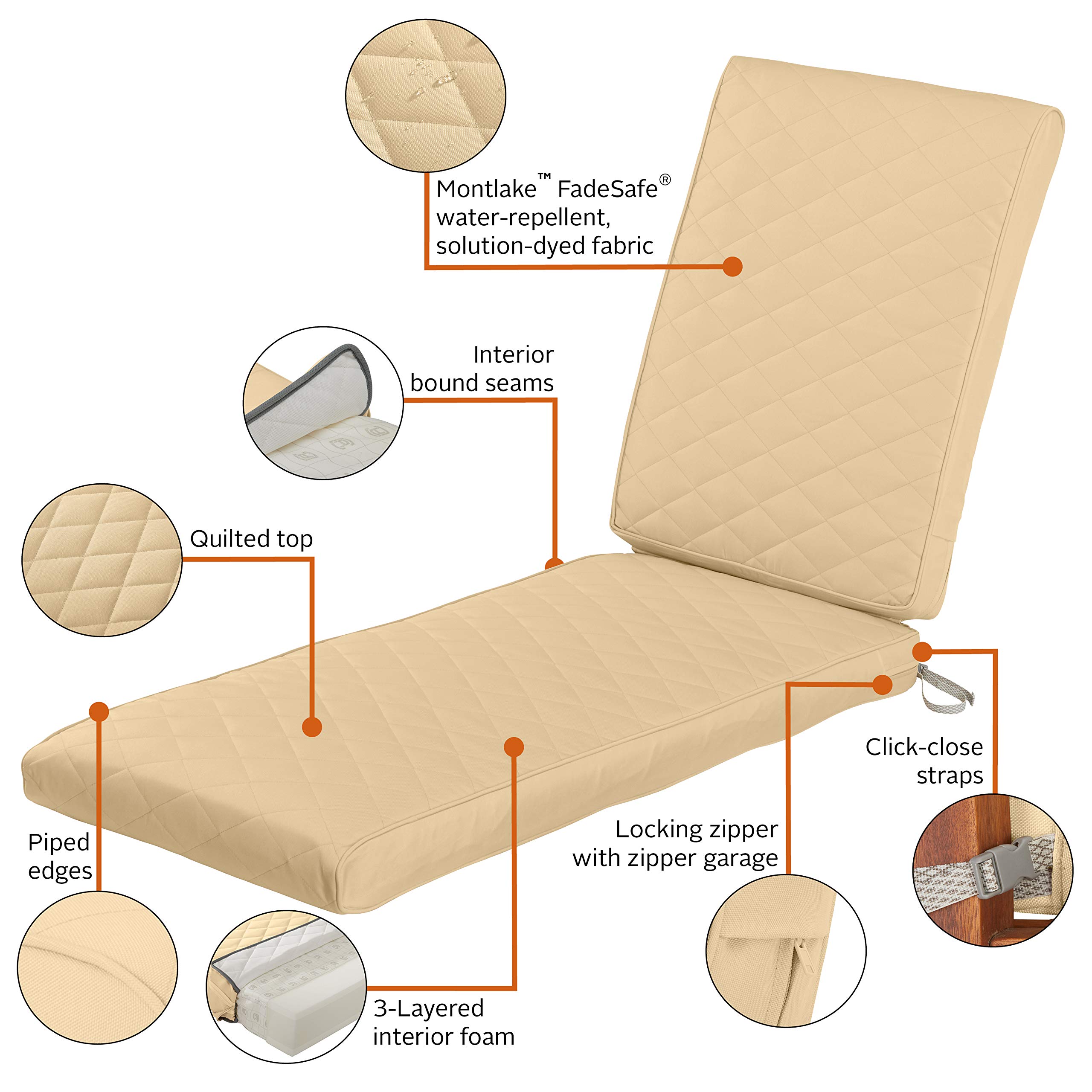 Classic Accessories Montlake Outdoor Chaise Lounge Cushion - 72 x 21 Inch FadeSafe Water-Repellent Quilted Chamomile for Patio, Poolside, and Garden Relaxation