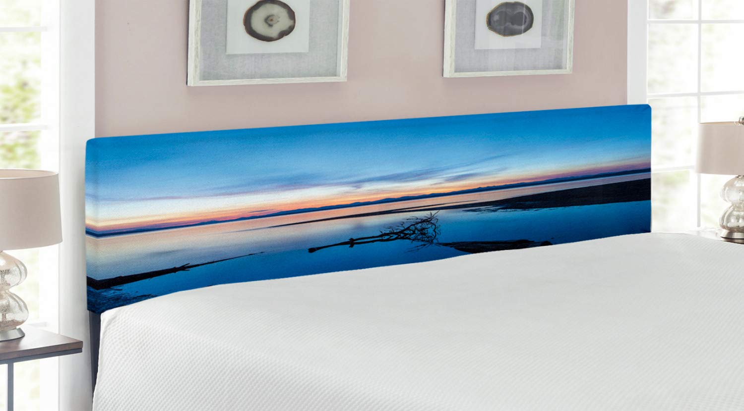 Ambesonne Yellowstone Headboard - King Size Upholstered Decorative Metal Bed Frame with Memory Foam | Lake Horizon & Tree Branch Dawn Design in Blue & Orange | Perfect for Bedroom Decor & Nature-Themed Home Interiors