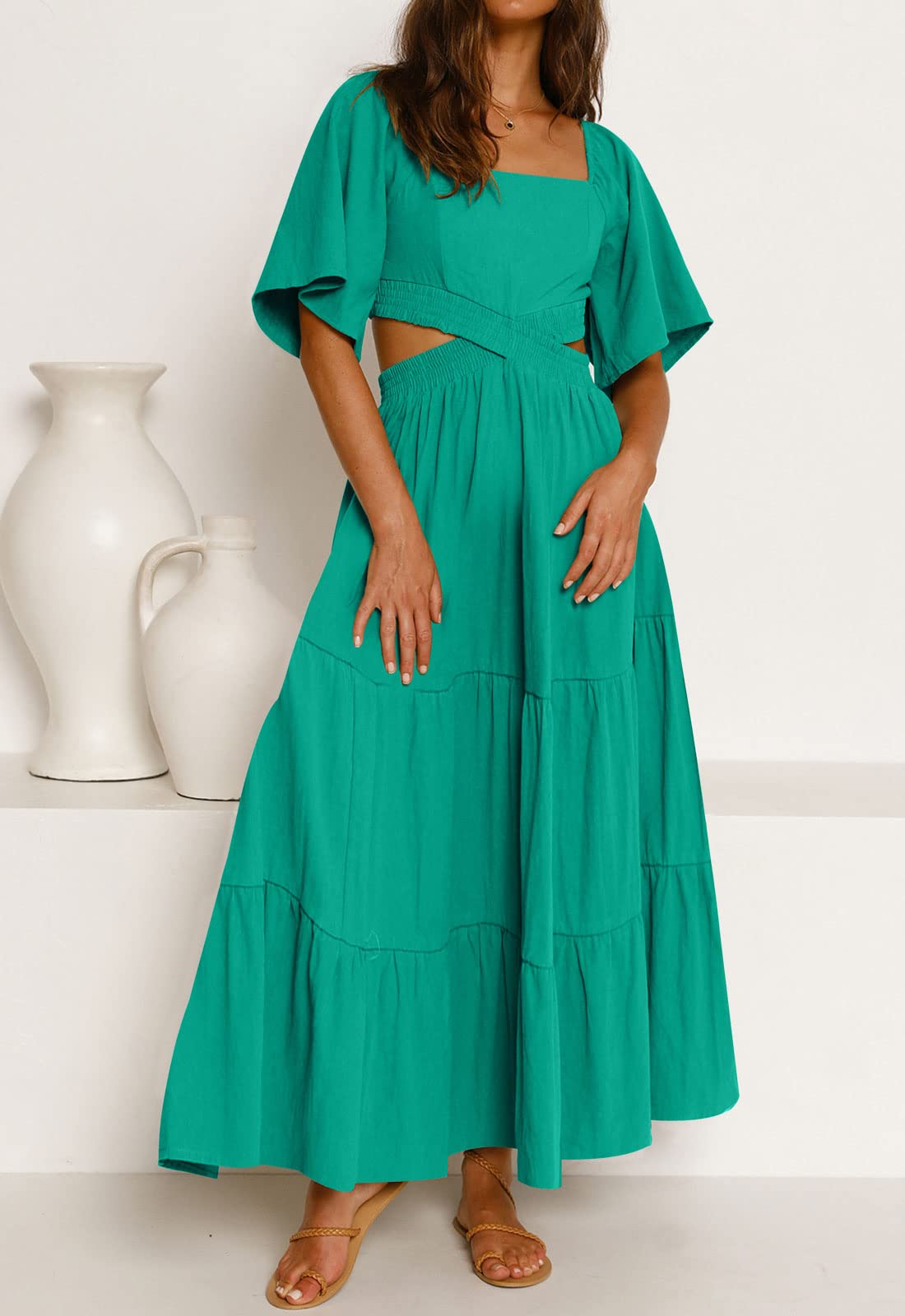 LEANI Women's 2025 Summer Cutout Maxi Dress - Square Neck Short Sleeve Crossover Waist Casual Party Dress for Beach Vacation, Date Night & Special Occasions