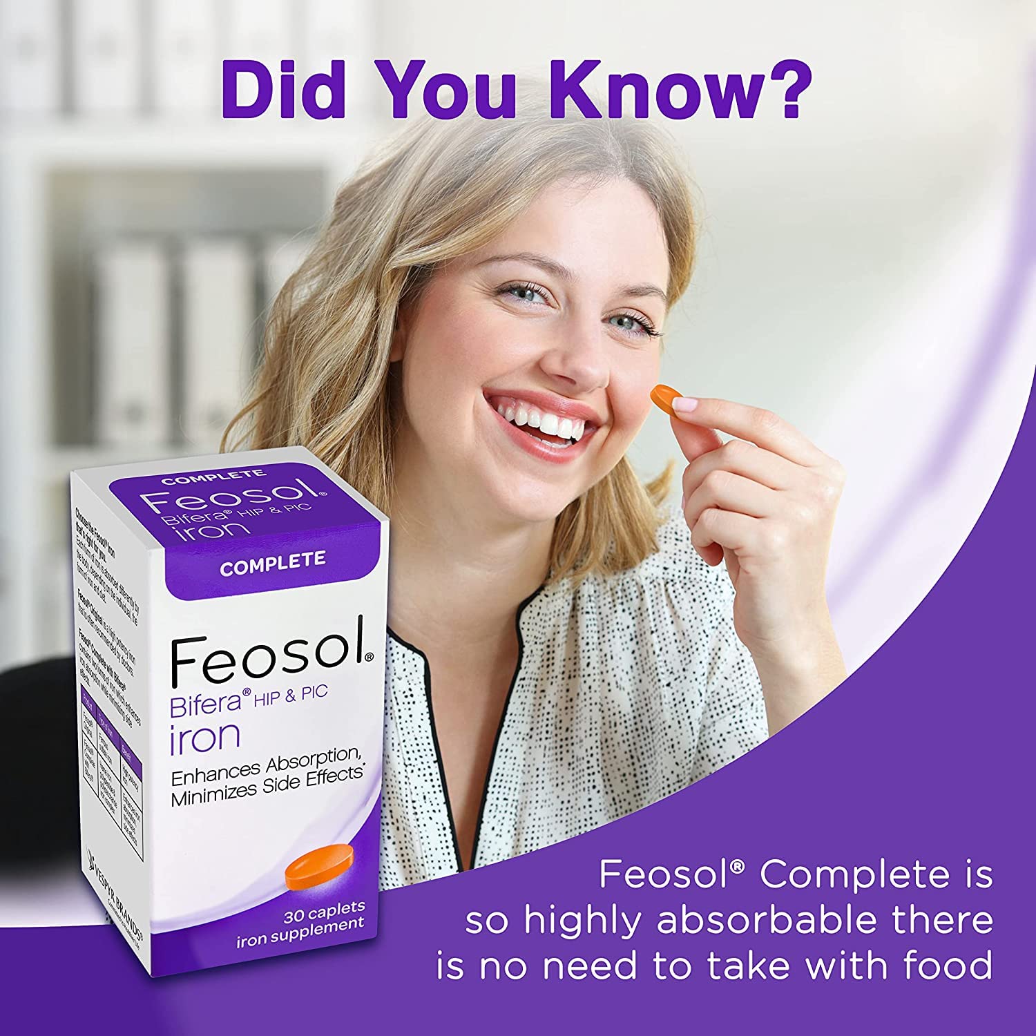 Feosol Bifera Iron Caplets - Complete Iron Supplement (30 Count, Pack of 5) for Energy Support & Healthy Blood - Ideal for Anemia Relief & Active Lifestyles