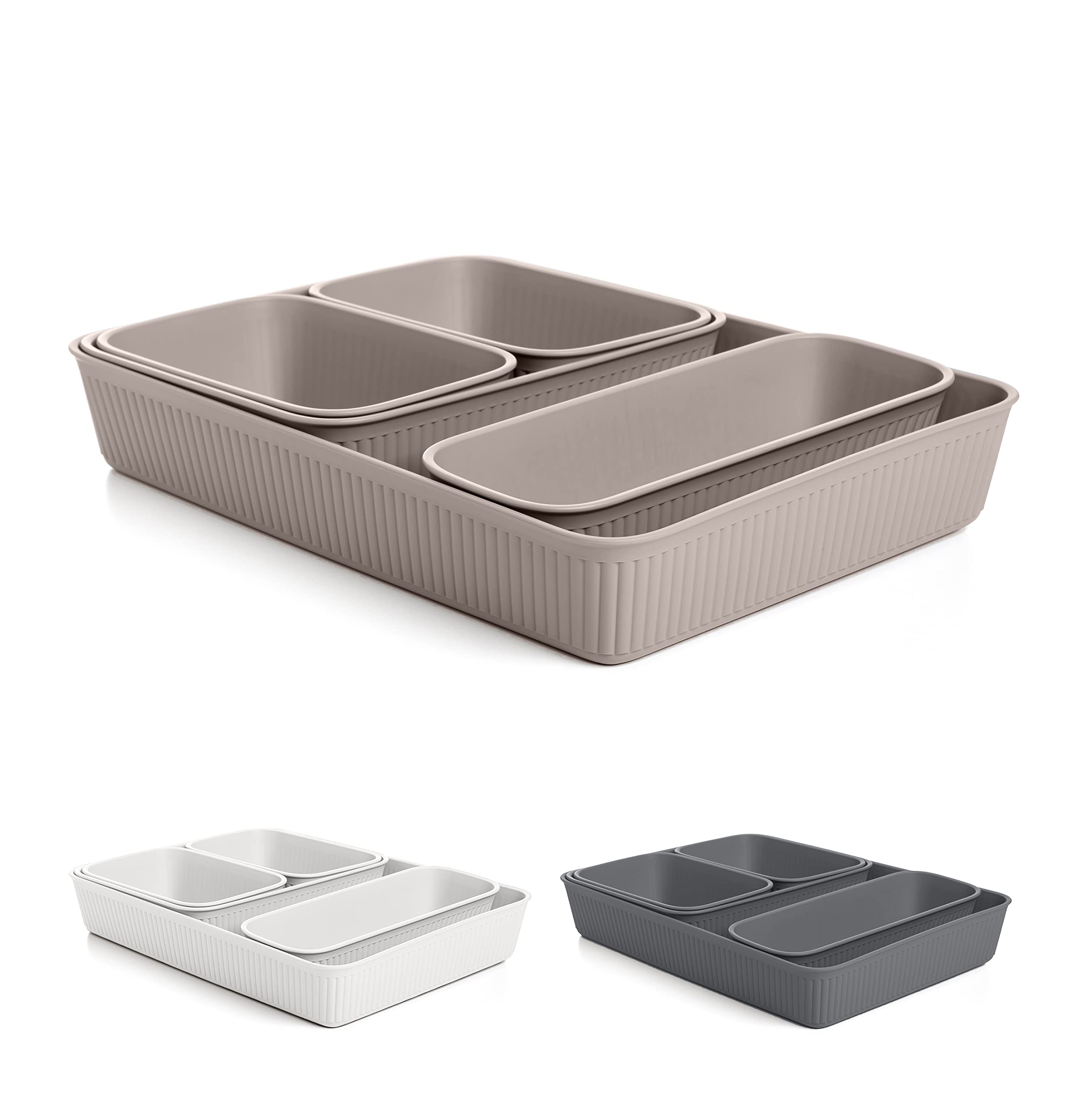 Decorative Plastic Desk Drawer Organizer Set of 5 - Taupe Storage Bins & Organizing Trays for Home, Office, Bathroom | Durable Ribbed Design Cosmetic Holder | Perfect for Vanity, Closet Shelves, Pantry Organization & Desk Accessories