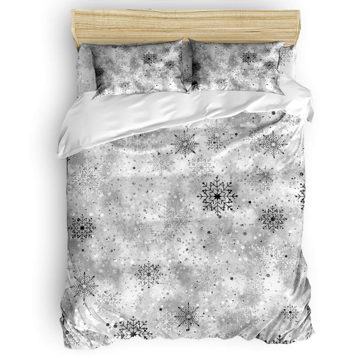 4Pcs Christmas Duvet Cover Set Queen Size - Snowflake Holiday Bedding with Zipper Closure | Festive Winter Bedroom Decor for Xmas Season