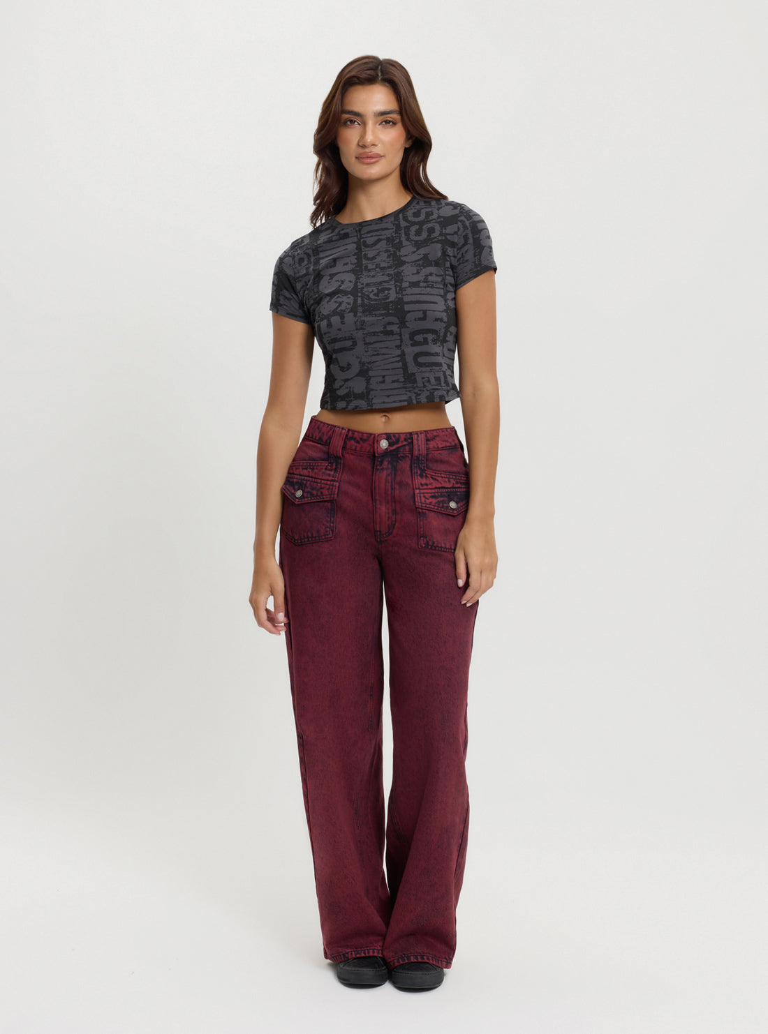 Guess Originals Red Patch Wide Leg Pants for Women - High Waist Comfortable Loose Fit Casual Trousers | Perfect for Streetwear, Travel & Everyday Fashion