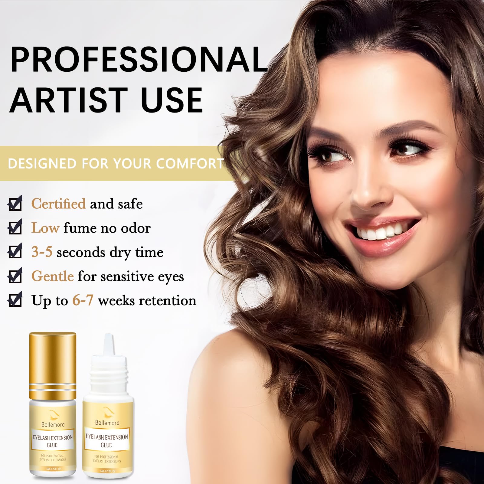 Professional Eyelash Extension Glue - No Fume, Fast Drying (2-4 Sec), Long Lasting (7 Weeks Retention), Waterproof Lash Adhesive for Semi-Permanent Extensions - Perfect for Salon Use & DIY Home Lash Applications