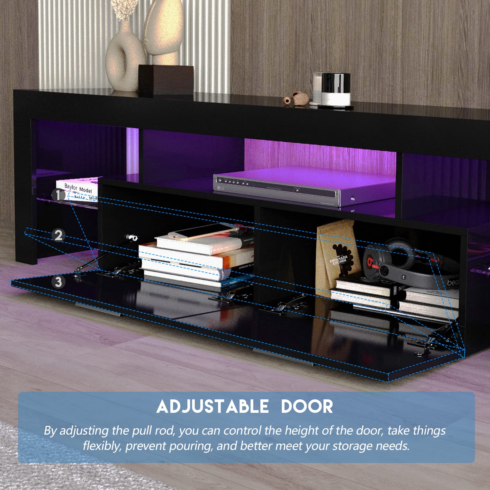 55/65/70/75 Inch Black LED TV Stand with Large Storage - Modern TV Media & Entertainment Center for Living Room, Bedroom, Gaming - Perfect for Movie Nights & Home Theater Setup (63