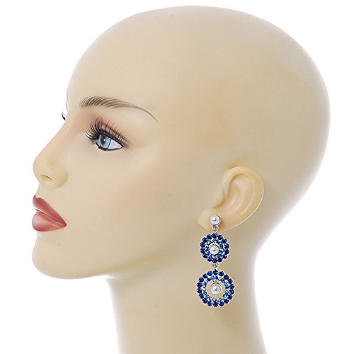 Elegant Sapphire Blue & AB Austrian Crystal Pearl Double Hoop Drop Earrings - 55mm Rhodium Plated Dangle Earrings for Women | Perfect for Weddings, Parties & Special Occasions