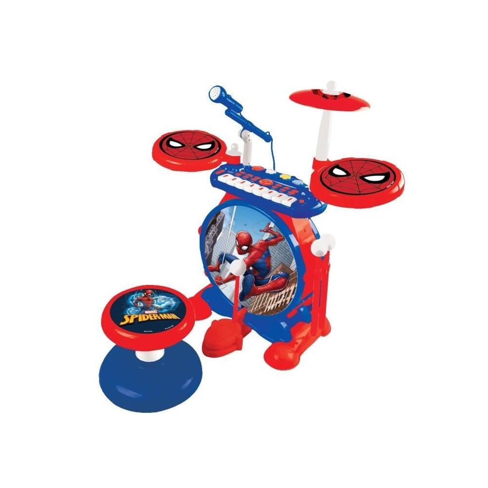 LEXIBOOK K610SP Spider-Man Electronic Music Toy Set for Kids - Interactive Drum & 8-Key Keyboard with Realistic Sounds, MP3 Plug & Included Seat (Blue/Red) - Perfect for Birthday Gifts, Playroom Entertainment & Early Music Education