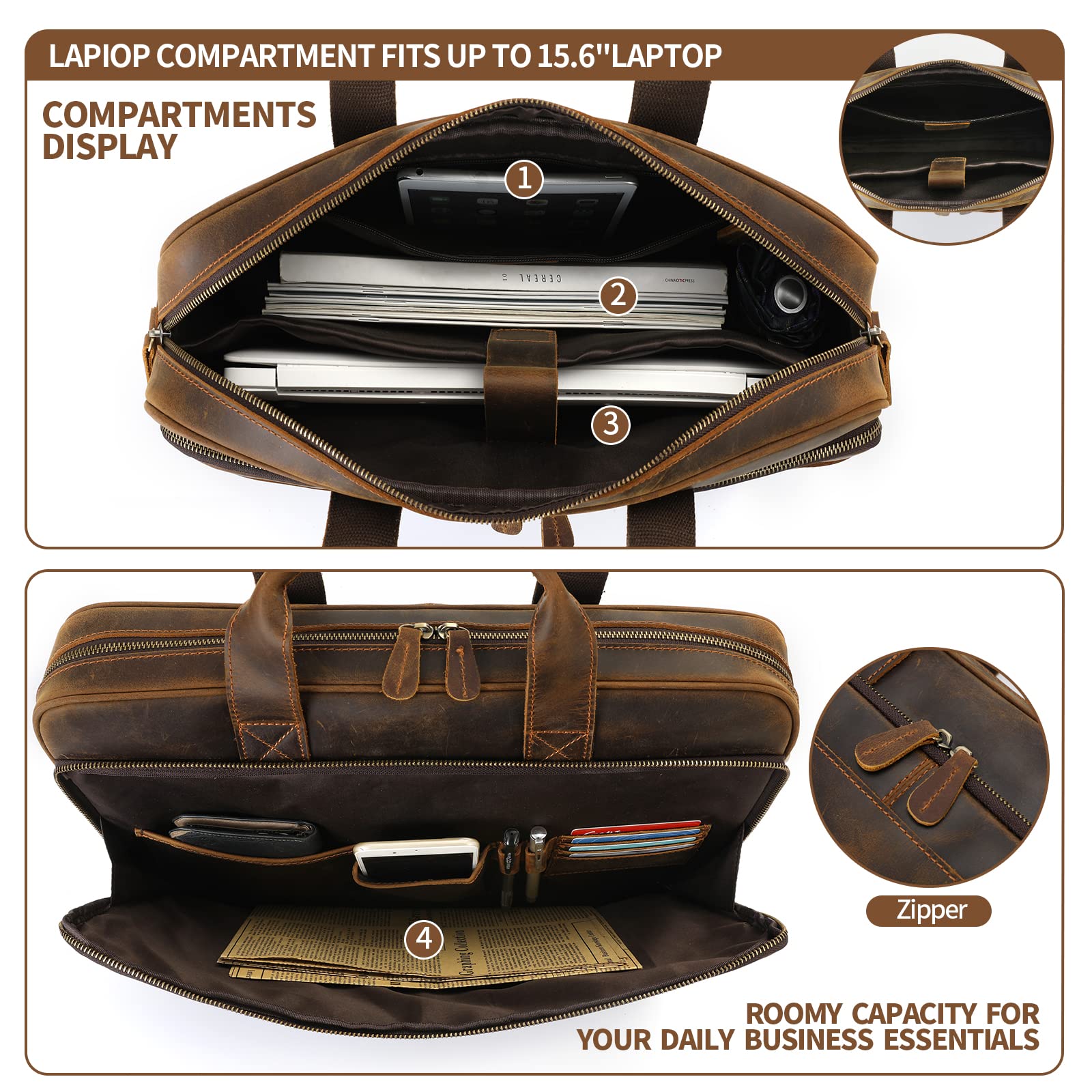 Jack & Chris Genuine Leather Briefcase for Men - Professional Business Laptop Messenger Bag for Work, Travel & Office - Durable 15.6 Inch Computer Bag with Shoulder Strap
