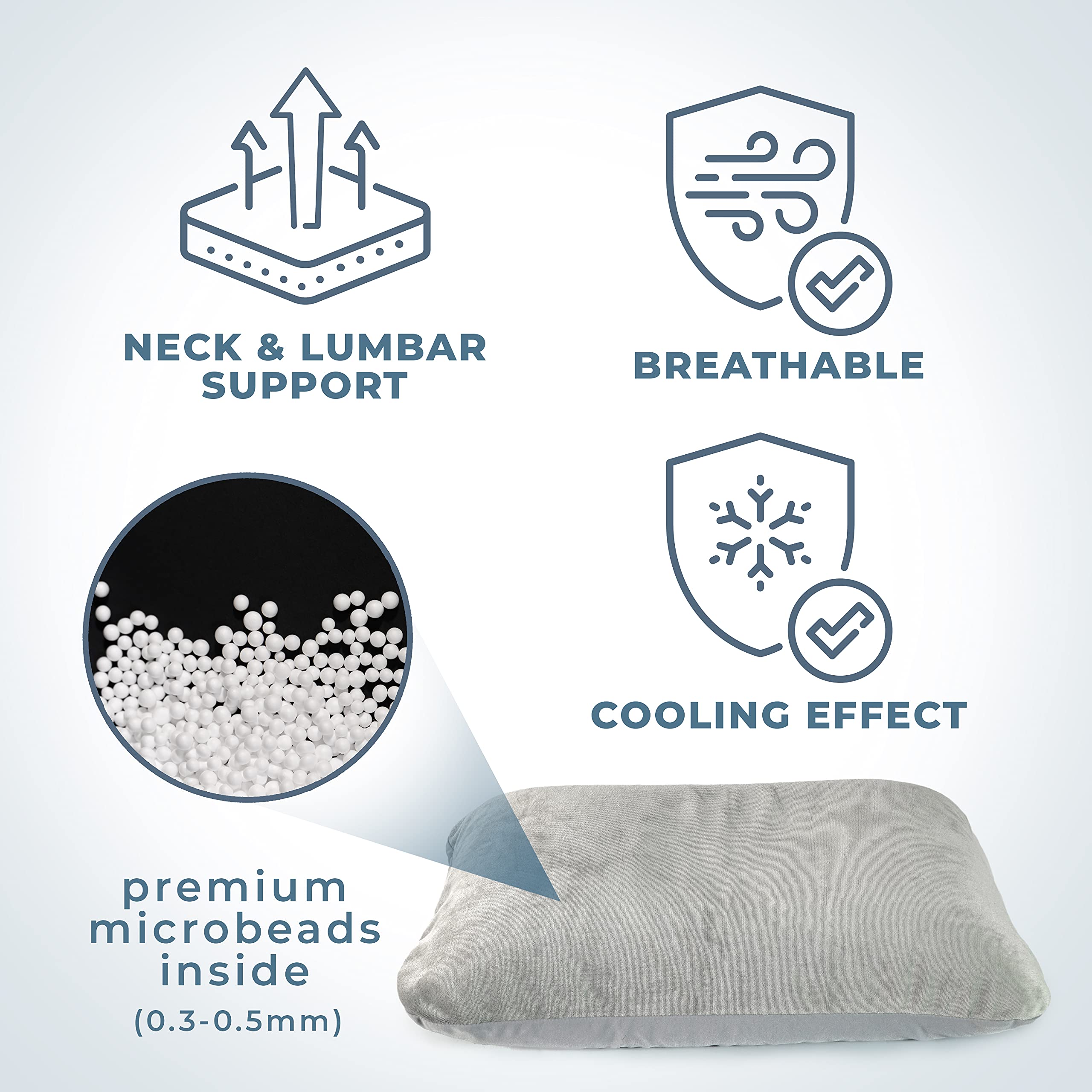 SQUISHY DELUXE Microbead Rectangular Travel Pillow for Airplane, Car & Office - 12 x 16 Inch Ultra Soft Neck Support Pillow with Removable Velour Cover - Firm Yet Comfortable for Head & Neck - Odorless Grey Travel Accessory