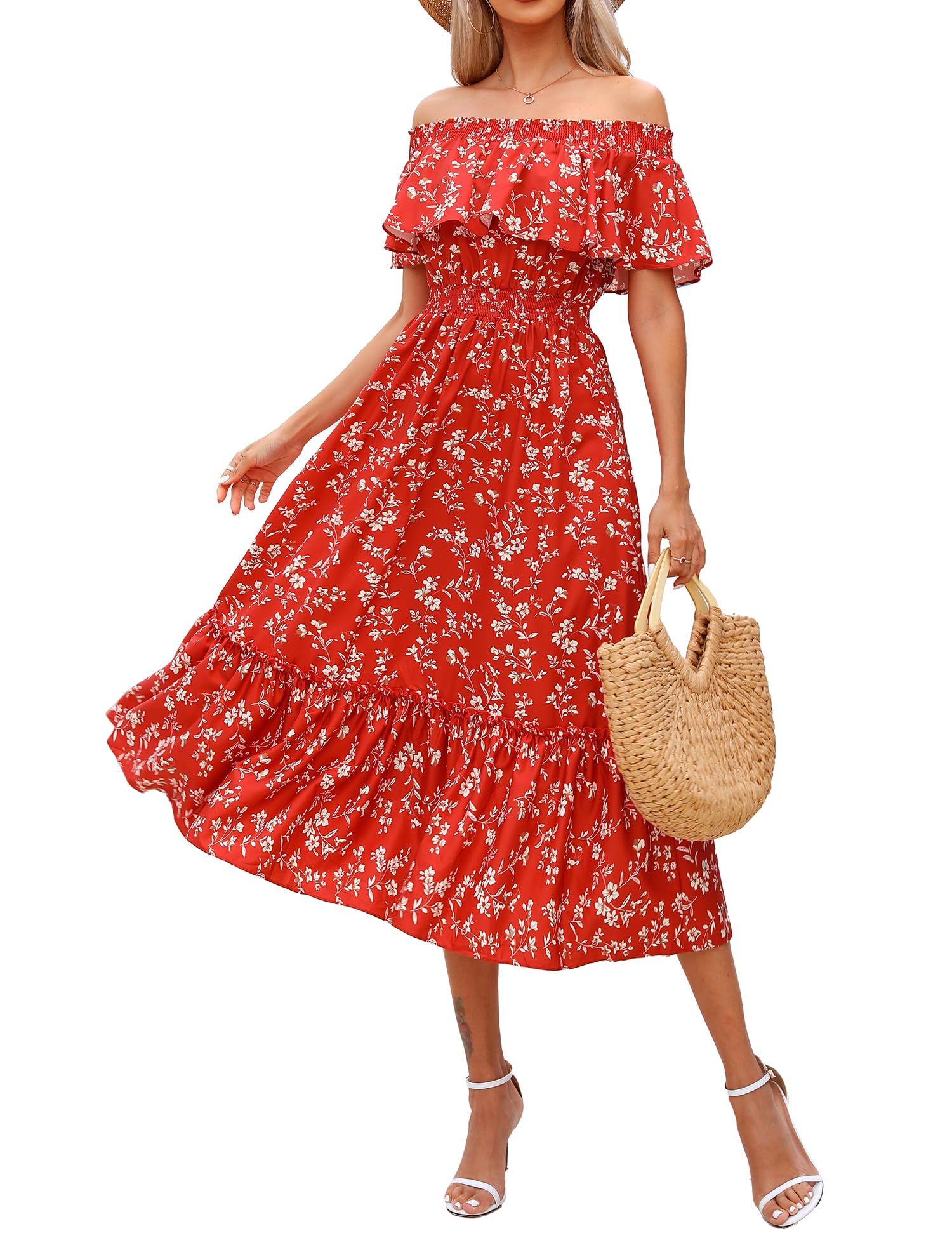 Prettywear Women's 2025 Spring Summer Boho Off Shoulder Floral Midi Dress - Short Sleeve A-Line Casual Beach Dress for Vacation, Party & Date Night