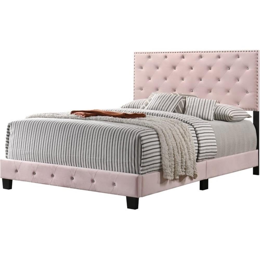 Luxury MAKLAINE Pink Velvet Upholstered Queen Bed with Crystal Accents - Elegant Bedroom Furniture for Master Suite & Guest Room Decor