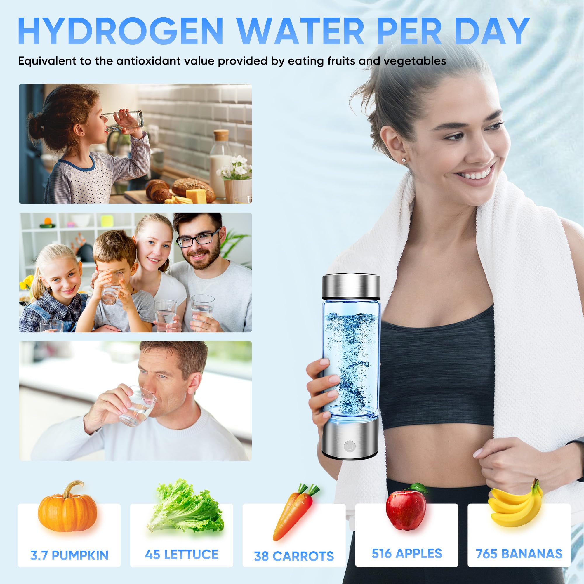 Premium Portable Hydrogen Water Bottle Generator - SPE & PEM Technology, Rechargeable Hydrogen Water Machine for Improved Water Quality in 3 Minutes (Silver) | Perfect for Travel, Gym, and Daily Hydration