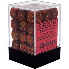 Chessex 36-Pack 12mm Scarlet with Gold Scarab Pipped D6 Dice Set for D&D, RPG, and Board Games
