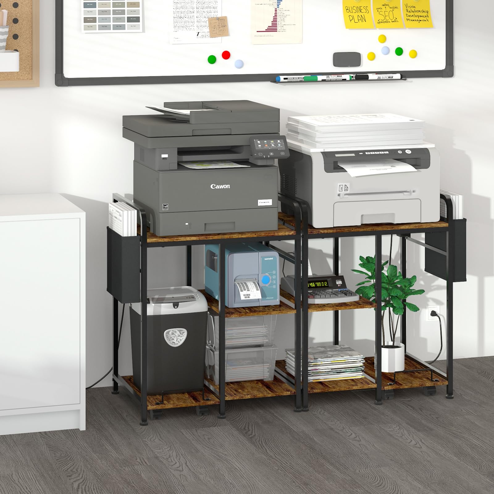 24x18 Inches Home Printer Stand with Charging Station - Large Printer & Shredder Stand with Storage Shelf - Rustic Brown Office Desk Organizer for Fax Machine, PC Tower - Perfect for Home Office Workspace