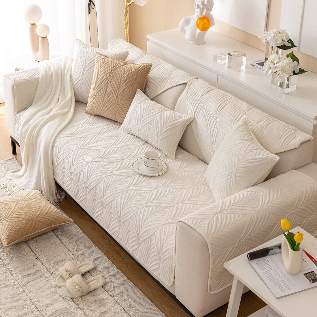 Premium Velvet Quilted Sofa Cover - Super Soft Non-Slip Sectional Couch Protector with Leaf Pattern | Plush Furniture Slipcover for Living Room, Bedroom | Pet & Kid Friendly (Cream, 28