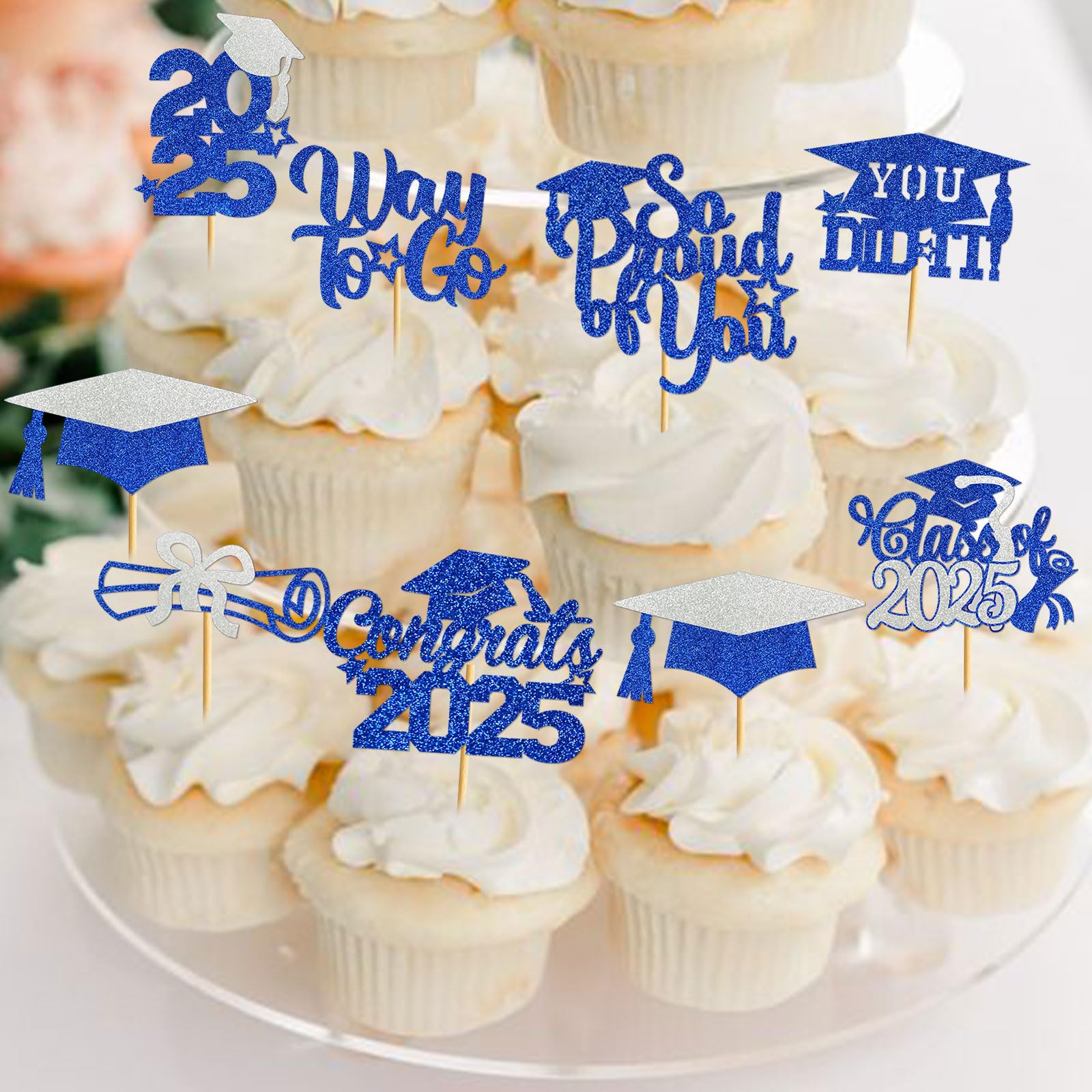 40Pcs Graduation Cupcake Toppers 2025 - Class of 2025 Decorations, Congrats Grad Party Supplies, Blue Silver Cake Toppers for Graduation Ceremony & Celebration