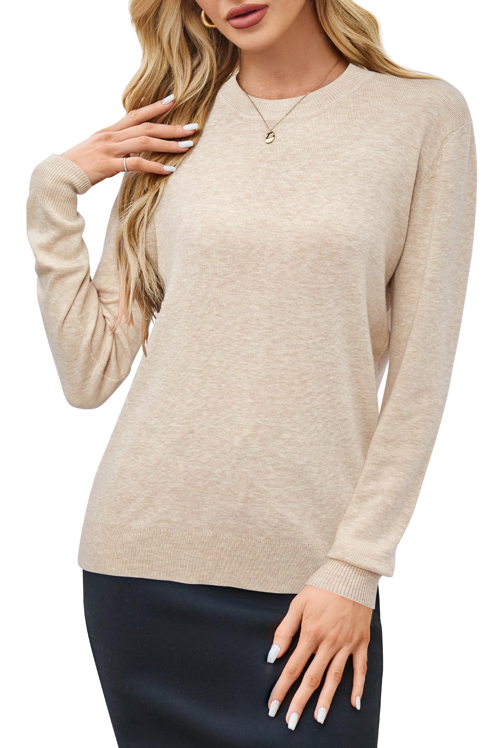 Arach&Cloz Women's 2025 Spring Fashion Wool Blend Sweater - Long Sleeve Crew Neck Pullover Top for Business Casual & Office Wear | Trendy Outfits for Work, Dating & Weekend Brunch
