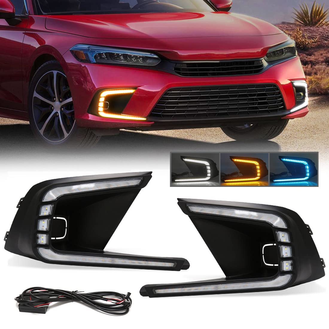 2021-2023 Honda Civic LED Daytime Running Lights (DRL) - Tri-Color Fog Lights with Turn Signal & Bezel + Wiring Harness | Durable Replacement for Civic Sedan & Hatchback | Easy Installation for Day & Night Driving