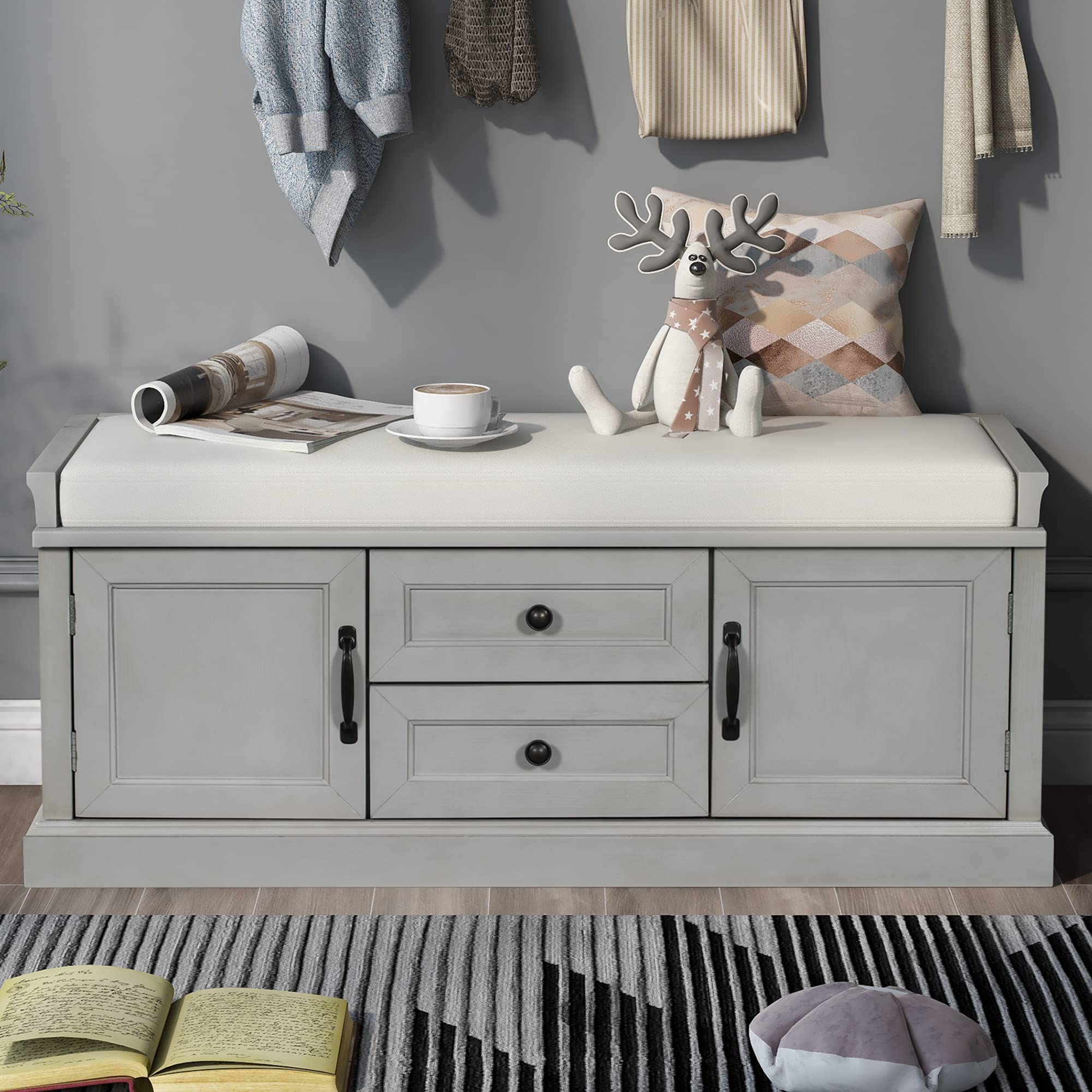 Merax 2-Drawer 2-Cabinet Storage Bench with Removable Cushion - Shoe Organizer for Entryway, Living Room & Bedroom (Gray Wash) - Perfect for Small Space Organization & Home Decor