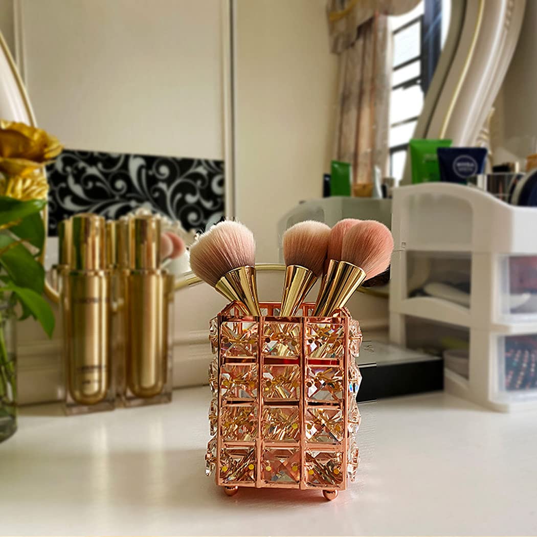Handmade Crystal Makeup Brush Holder & Eyebrow Pencil Organizer - Square Black Cosmetic Storage for Vanity, Bathroom, Office Desk | Perfect for Makeup Artists & Beauty Enthusiasts