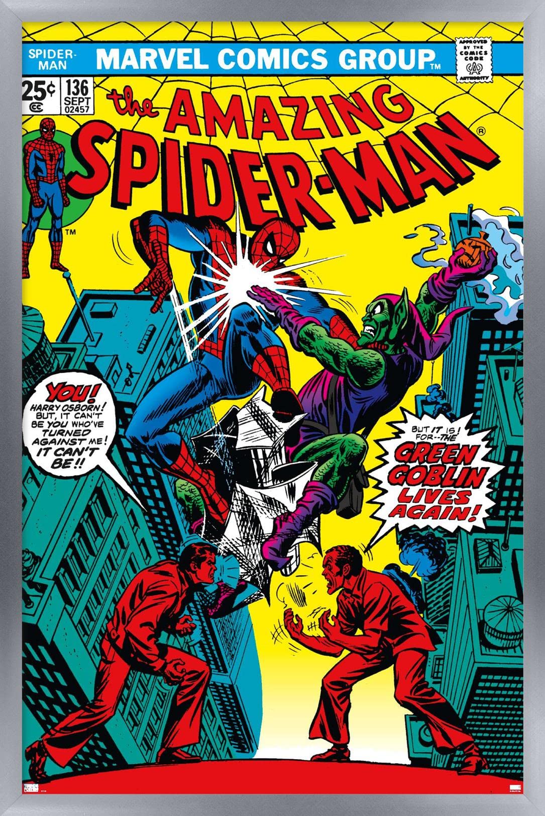 Marvel Comics Green Goblin Wall Poster - The Amazing Spider-Man #136 Art Print, 22.4x14.7 Inches Silver Framed Version - Perfect for Superhero Bedroom Decor, Comic Book Lair & Movie Theater Room