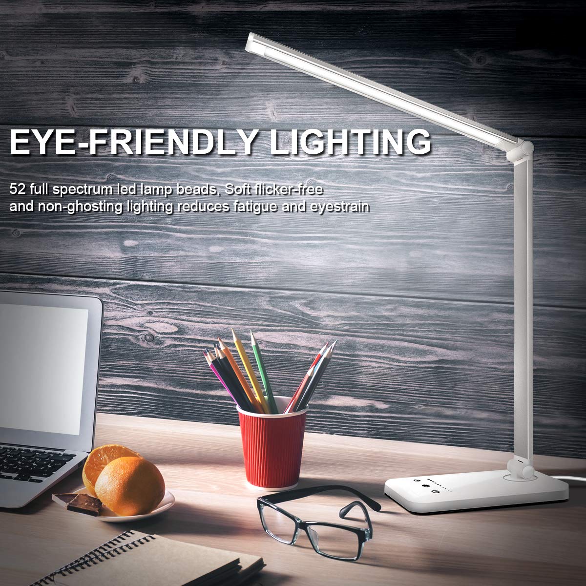 Dimmable White LED Desk Lamp with USB Charging Port - 5 Lighting Modes, Touch Control & 30/60 Min Timer - Perfect for Reading, Studying, Office Work and Nightstand Use (White, 1st Gen)