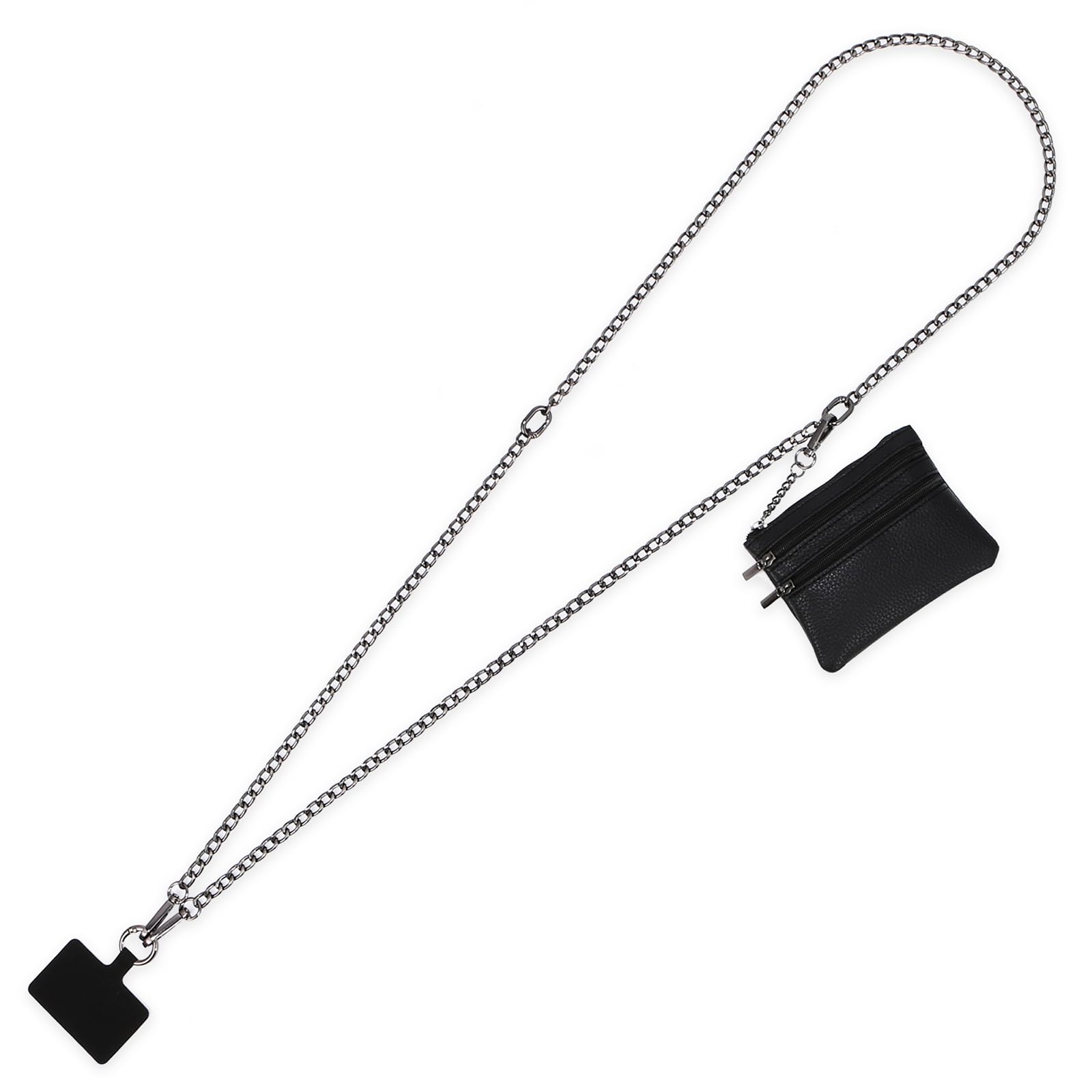 Adjustable Crossbody Phone Strap with Zippered Pouch & Leather Wallet - Universal Clip-On Phone Holder for iPhone, Samsung, Pixel - Perfect for Travel, Shopping & Hands-Free Convenience (Black)
