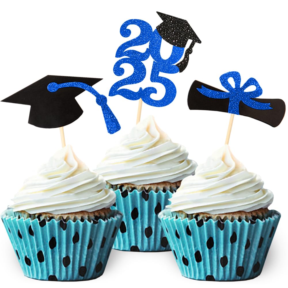 2025 Blue Glitter Graduation Cupcake Toppers - 24pcs Class of 2025 Party Supplies, Food & Appetizer Picks for Graduation Ceremony, Cake Decorations & Dessert Table Displays