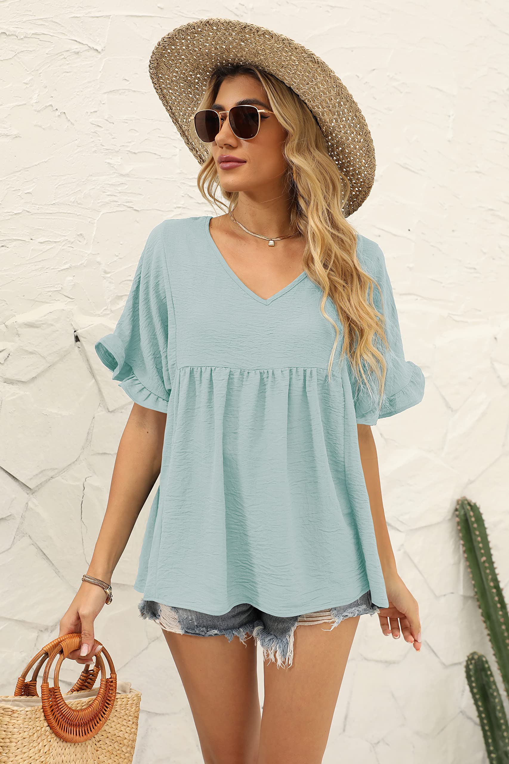 WIHOLL Women's Casual V-Neck Ruffle Sleeve T-Shirt - Loose Fit Babydoll Peplum Top for Everyday Wear & Summer Outfits