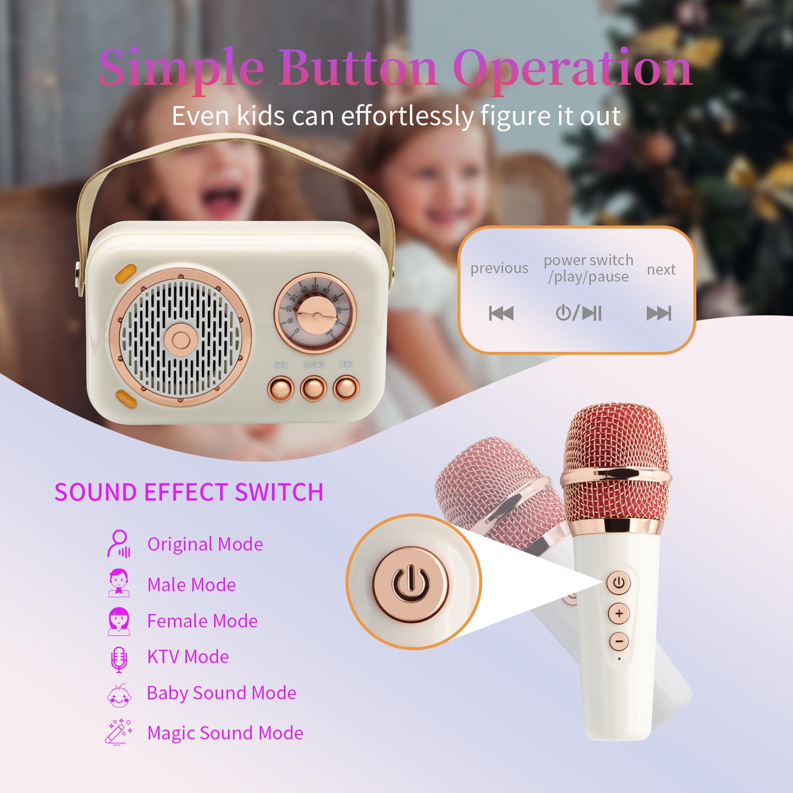 Portable Mini Karaoke Machine with 2 Wireless Microphones - Bluetooth Speaker for Adults & Kids - Perfect for Home Parties, Birthday Gifts & Family Singing Fun (White)
