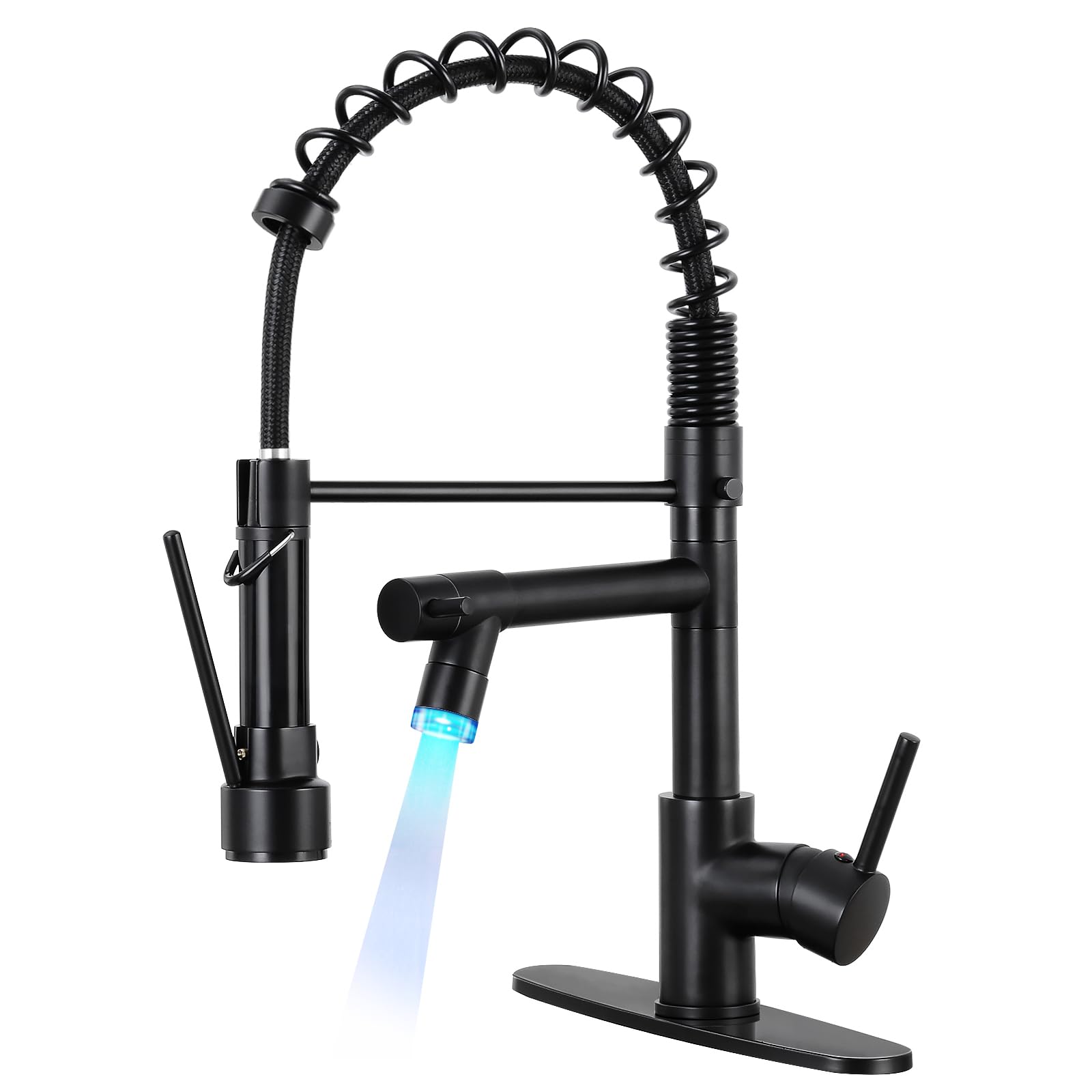 Qomolangma Matte Black Commercial Kitchen Sink Faucet with Pull Down Sprayer and LED Light - Modern Single Handle Design for Restaurants, Home Kitchens & Food Prep Stations