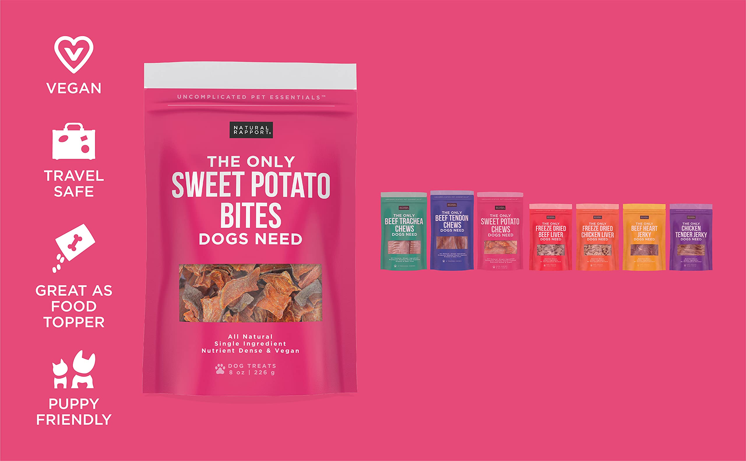 Natural Rapport Sweet Potato Bites for Dogs - 100% Dehydrated Sweet Potato Dog Treats, Grain-Free & Healthy Chews (8 oz) - Perfect for Training Rewards, Dental Health & On-the-Go Snacking