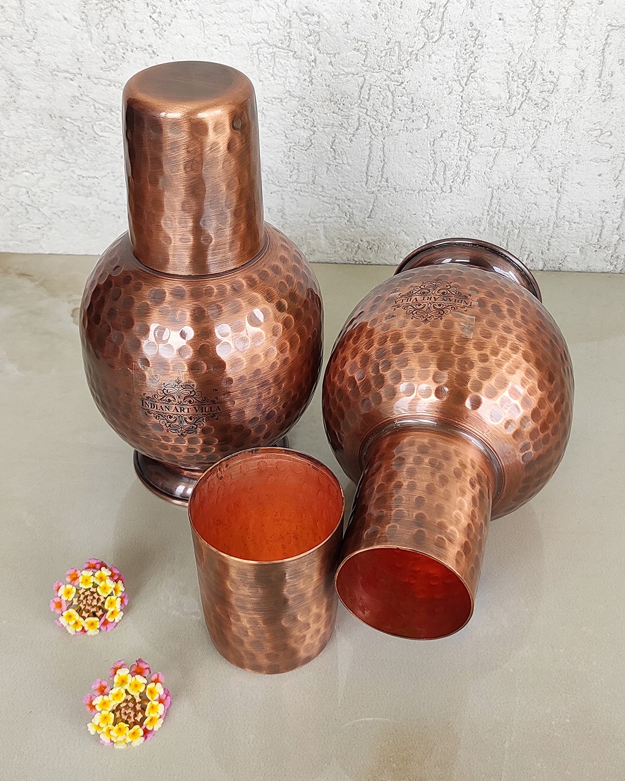 Pure Copper Water Bottle with Inbuilt Glass & Antique Surahi Design - 25oz (Pack of 2) | Indian Art Villa | Elegant Drinkware for Bedroom, Office & Travel | Ayurvedic Health Benefits