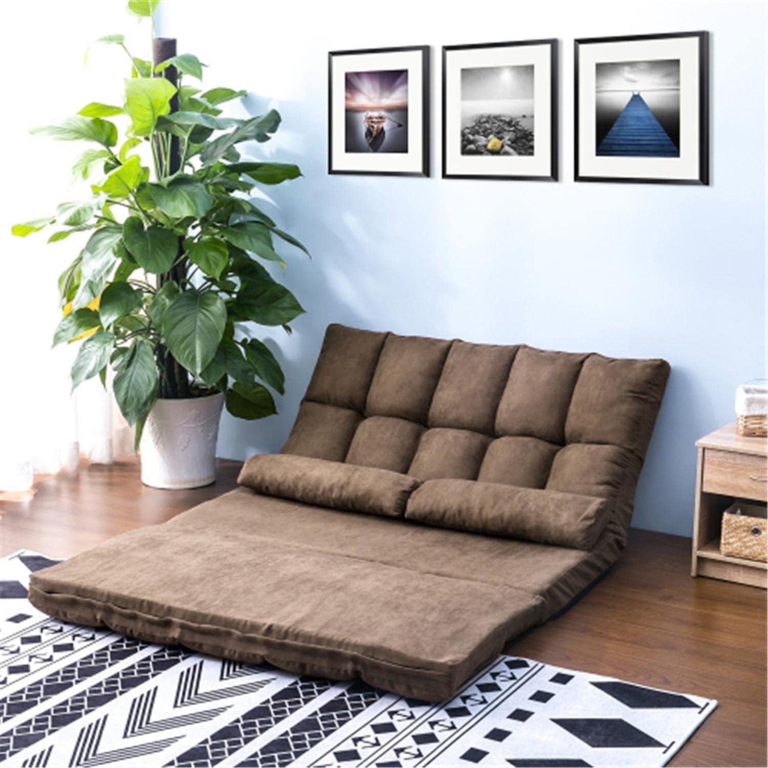 Double Chaise Lounge Sofa Bed - 5-Position Adjustable Recliner with Pillows - Convertible Floor Sleeper & Futon for Living Room, Bedroom, or Home Theater Relaxation