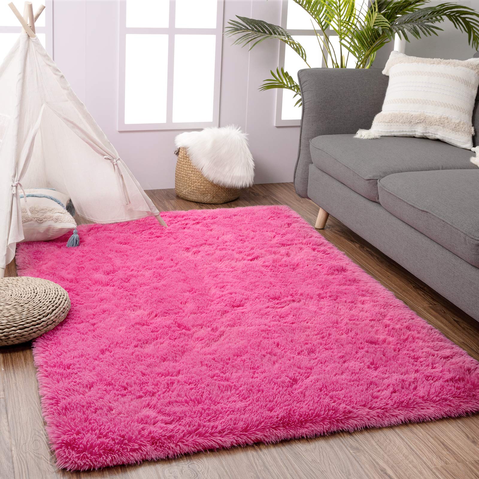 Beglad Soft Fluffy Shaggy Area Rug - 5.3 x 7.5 ft Hot Pink Fuzzy Fur Carpet for Kids Room, Nursery, Bedroom | Ultra Plush & Comfy Floor Mat for Boys & Girls | Perfect for Playrooms, Dorm Decor & Cozy Home Living Spaces