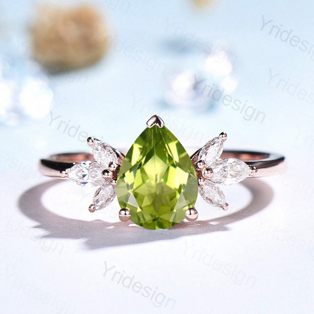 Natural Peridot Engagement Ring for Women - Pear Shaped Vintage Rose Gold Wedding Band, August Birthstone Bridal Anniversary Jewelry - Perfect for Proposals, Weddings & Special Occasions