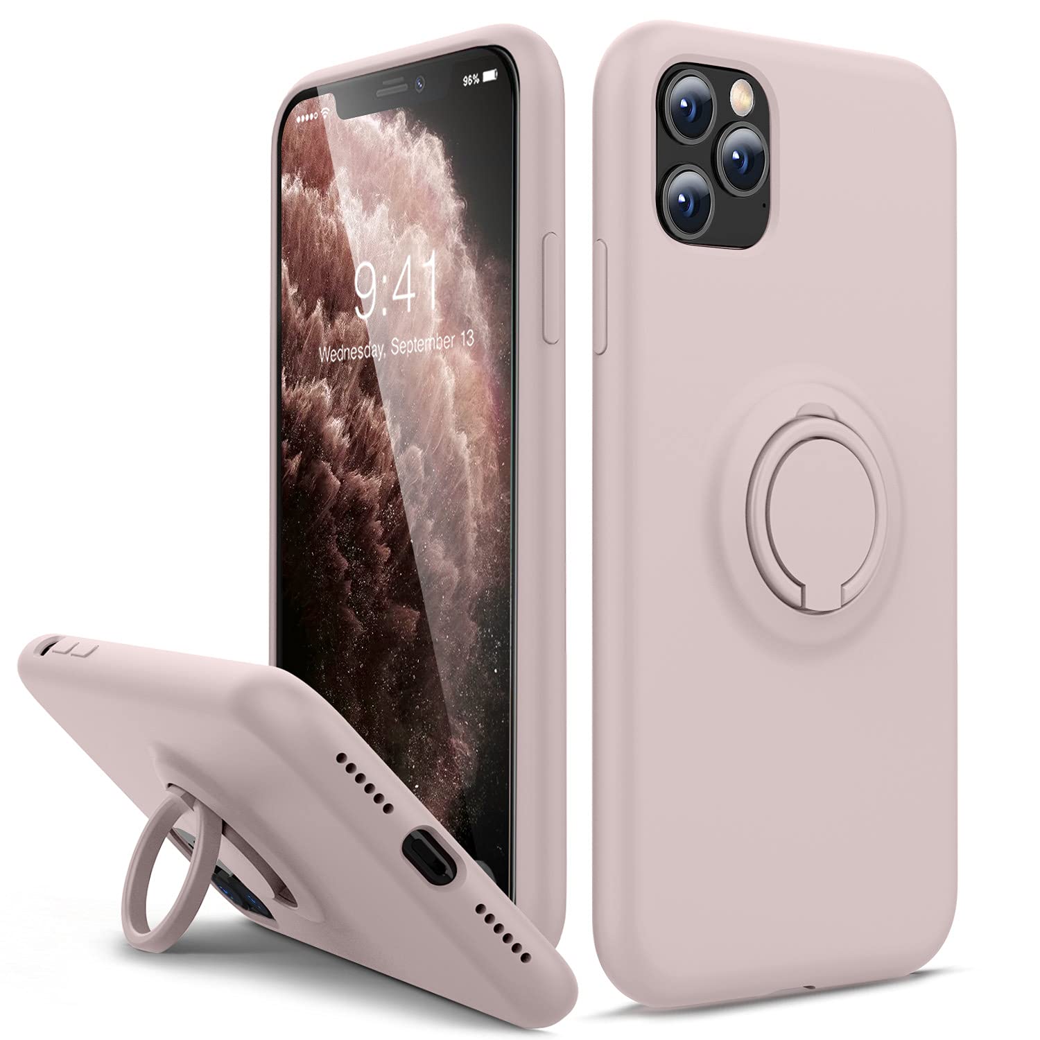 Liquid Silicone iPhone 11 Pro Max Case with Ring Holder & Kickstand - Anti-Scratch Microfiber Lining, Full Body Protective Cover (Pink Sand) - Perfect for Hands-Free Viewing, Secure Grip & Everyday Protection