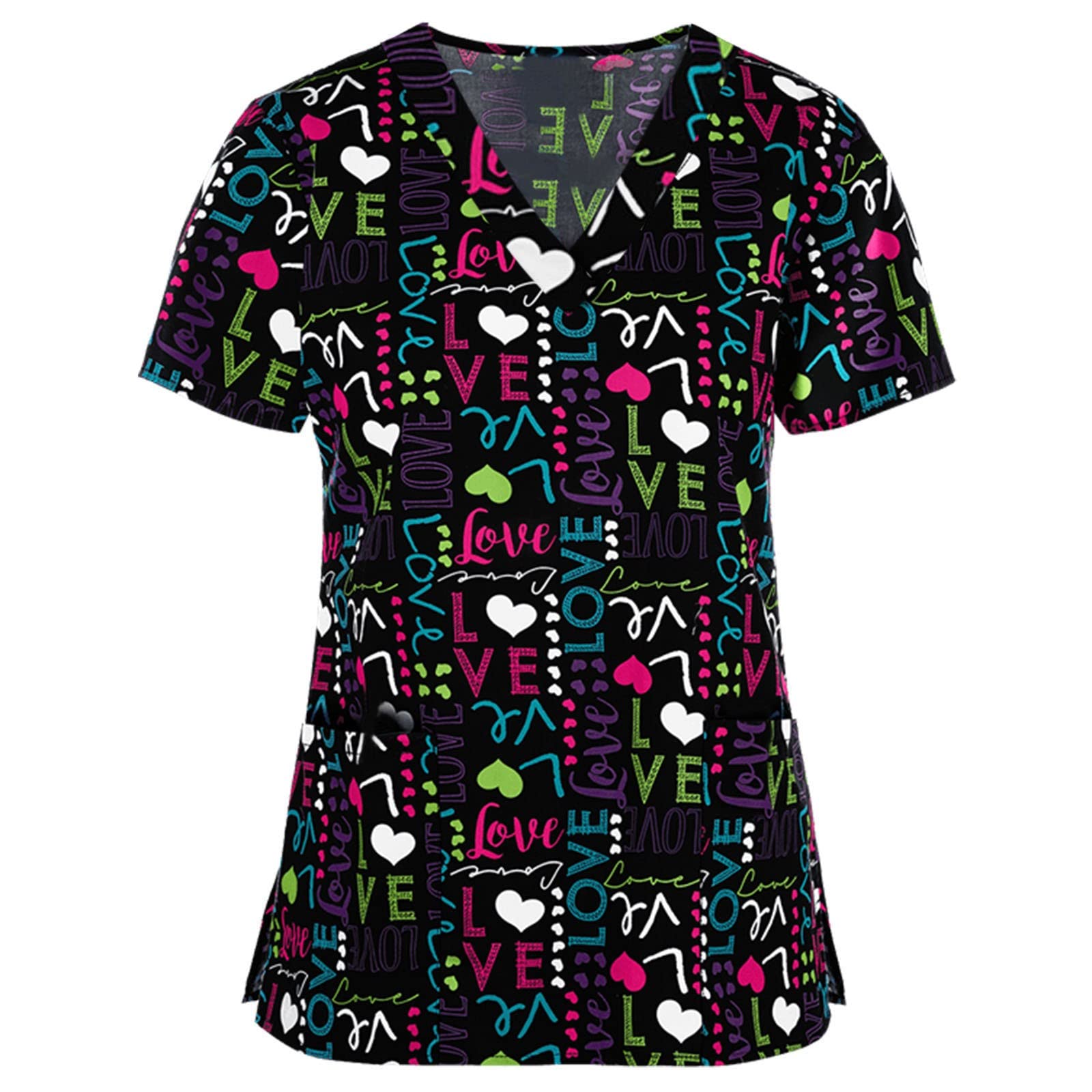 HUANKD Women's Short Sleeve V-Neck Scrub Top with Cartoon Print - Comfortable Nursing & Medical Work Uniform T-Shirt (Sizes S-5XL) - Perfect for Nurses, Doctors, Healthcare Professionals & Medical Students