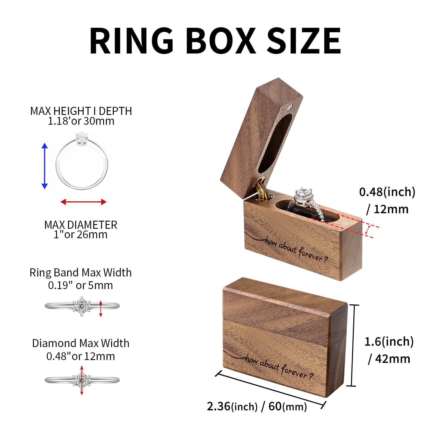 Elegant Wooden Engagement Ring Box - Small Slim Flat Proposal & Wedding Ring Case (How About Forever) - Perfect for Romantic Proposals, Anniversaries & Special Occasions