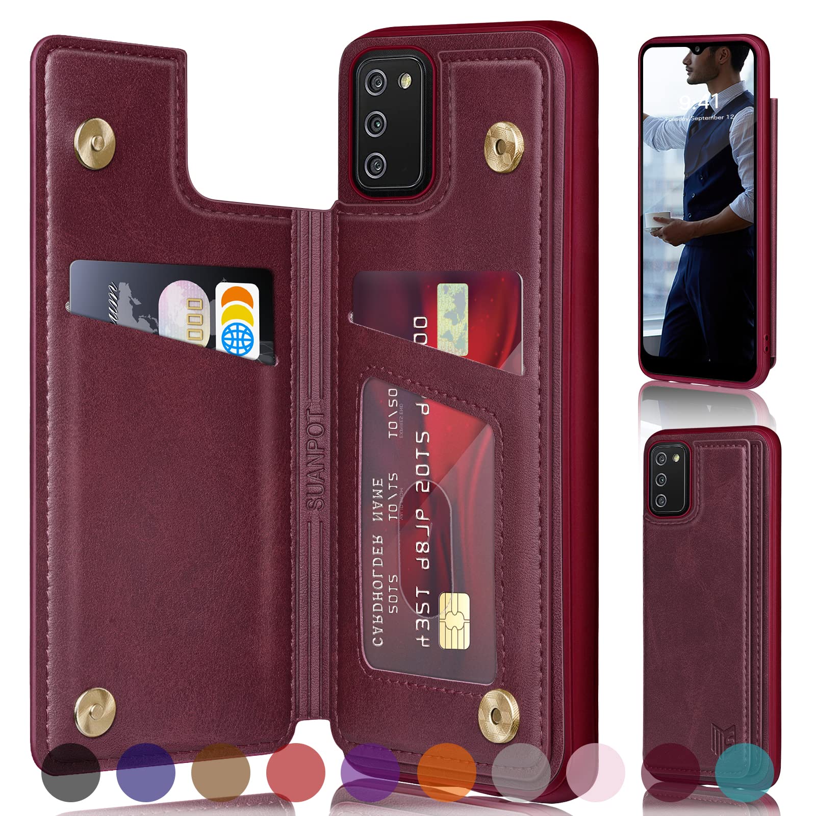 RFID Blocking Samsung Galaxy A02S Wallet Case with Credit Card Holder - Flip PU Leather Phone Cover for Women & Men (Wine Red) - Perfect for Travel, Work & Everyday Protection