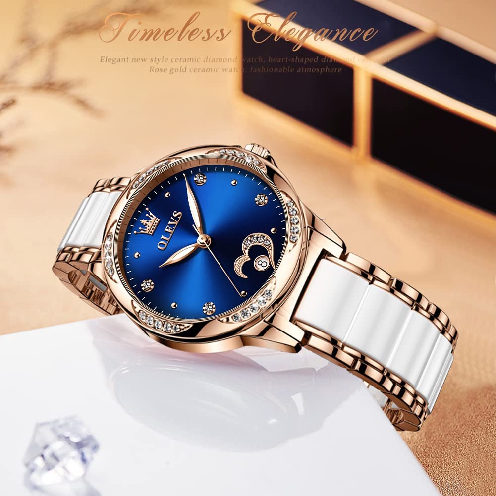 OLEVS Women's Automatic Watch - Luxury Large Face Diamond Accented Self-Winding Dress Watch with Two-Tone Stainless Steel & Ceramic Bracelet | Waterproof Ladies Watch for Business, Party & Everyday Wear