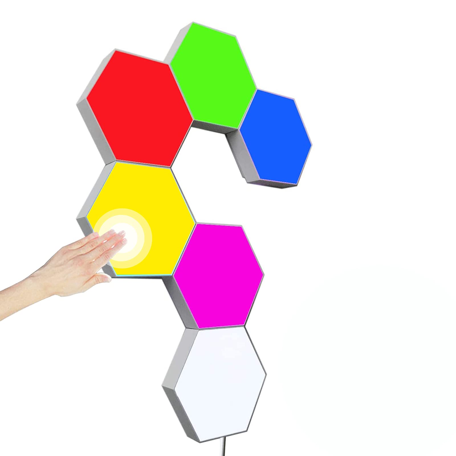 Hexagon Wall Lights Touch Control - RGB LED Gaming Lights Panel with AC Adapter - DIY Creative Geometry Lighting for Gaming Setup, Home Office, Hotel & Bar Decoration - 6 Color Options - Perfect for Bedroom, Game Room & Party Decor