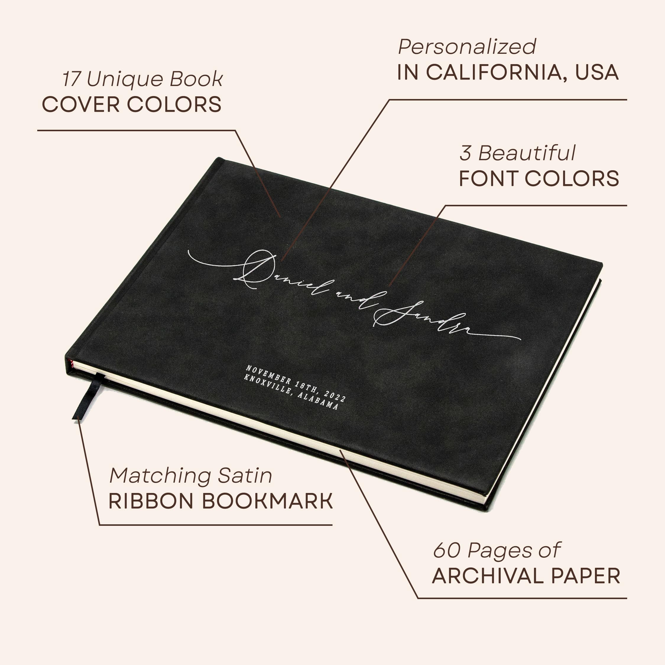 MUJEE Custom Guest Book for Weddings & Events - Personalized Modern Guestbook in Charcoal with Blank Pages for Signing (11.5
