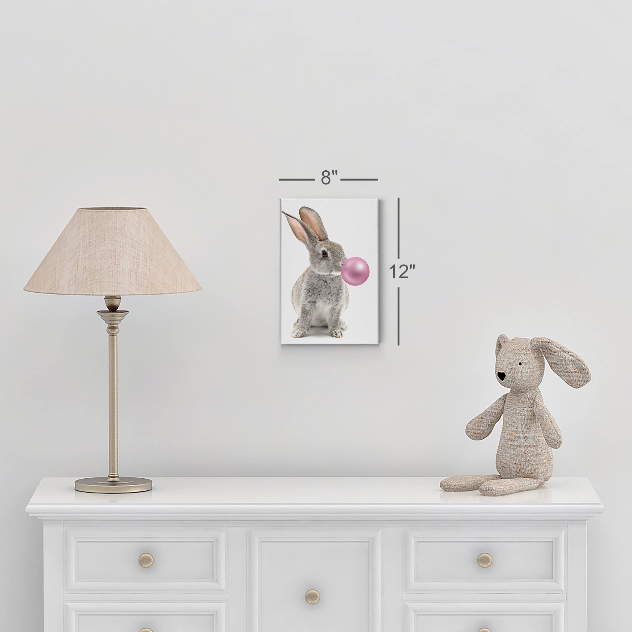 Smile Art Design Bunny Rabbit Canvas Print - Pink Bubble Gum Art Wall Decor for Kids Nursery, Handmade in USA, 36x24 Inches, Stretched & Ready to Hang - Perfect for Baby Room, Playroom, or Birthday Gift
