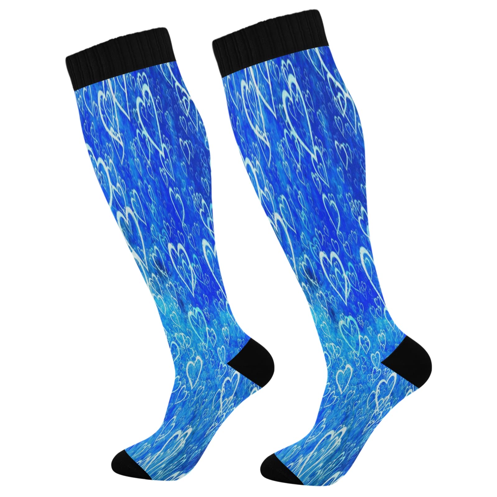 Best Compression Socks for Women & Men - Knee High Sports Socks for Running, Hiking & Fitness - Blue Heart Design - Improve Circulation & Reduce Swelling - Perfect for Athletes, Travelers & Nurses